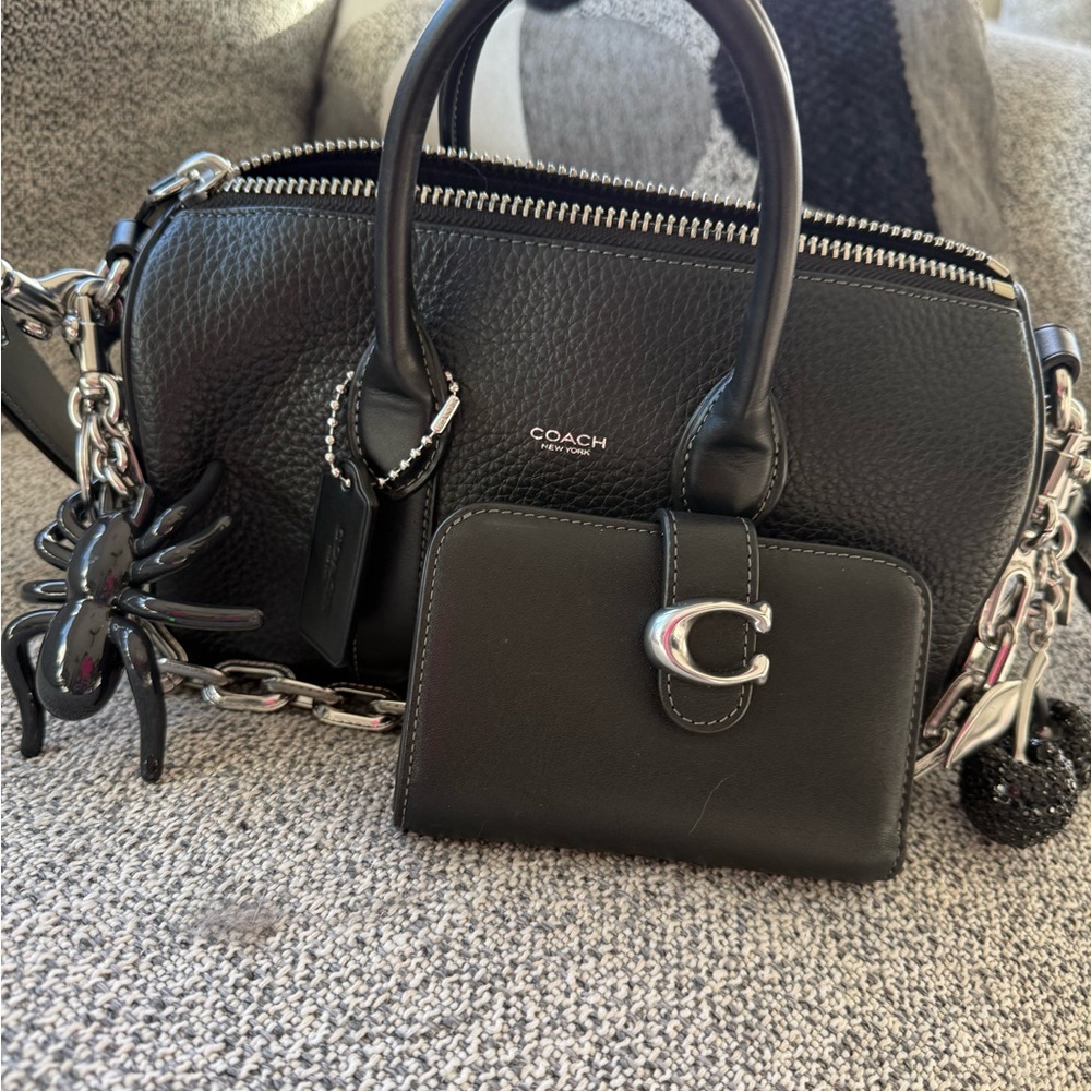 Coach Black Leather Shoulder Bag with Silver Accents